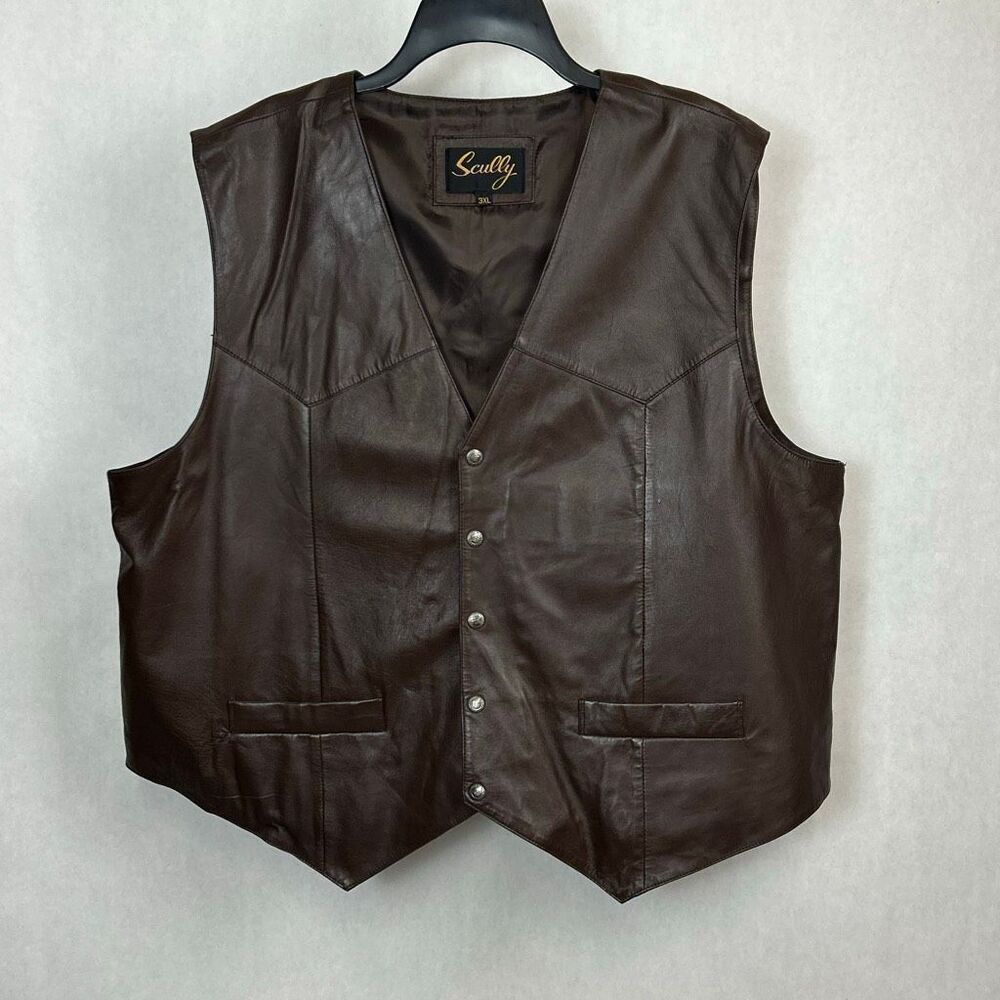 Scully Mens Leather Vest Sz 3XL Brown Snap Button Front Western Biker Cowboy
